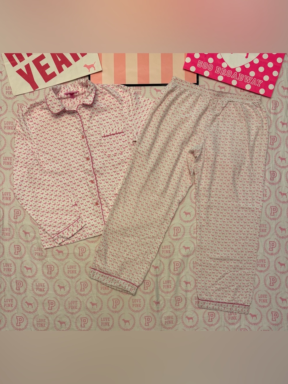 VS PINK VINTAGE Y2K 2004 COTTON PAJAMA PJ SET ALL OVER DOG PUP LOGO RARE HTF LG